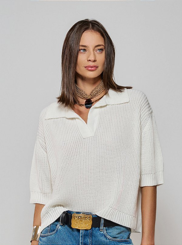 Blusa Carla Tricot Decote com Gola Off White