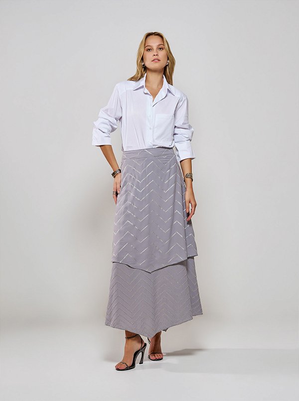 Saia Julia Chiffon Bordada Cinza