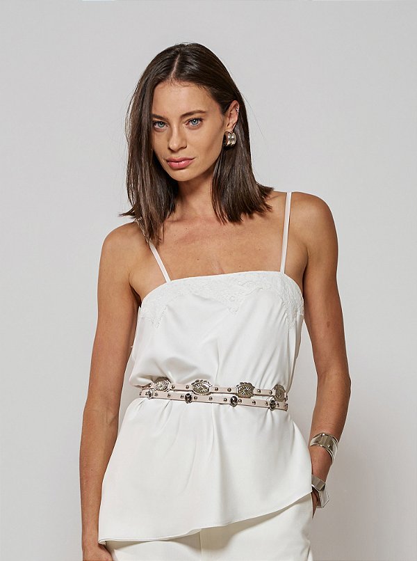 Regata Rúbia Acetinada com Renda Off White