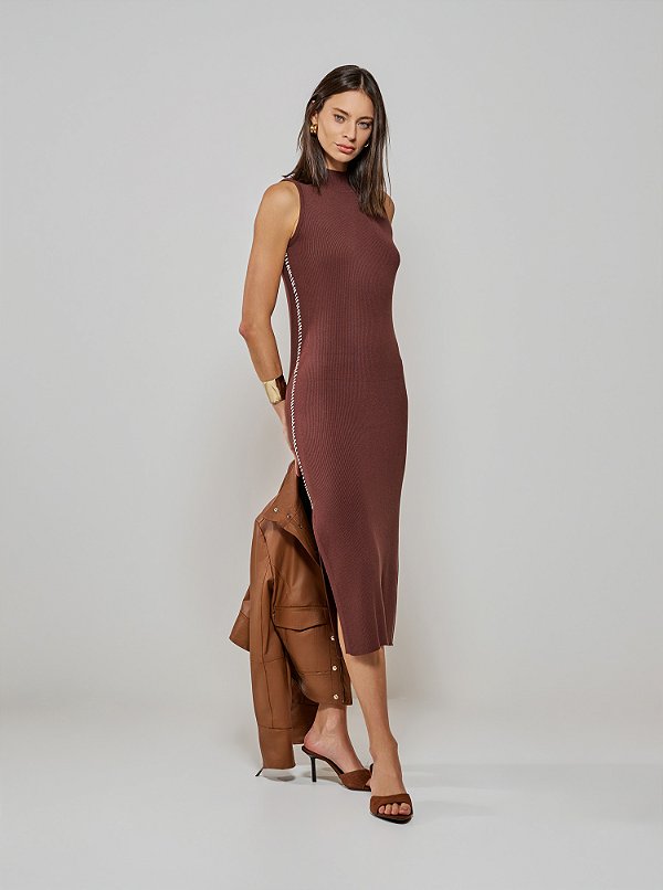 Vestido Leticia Tricot Canelado Marrom