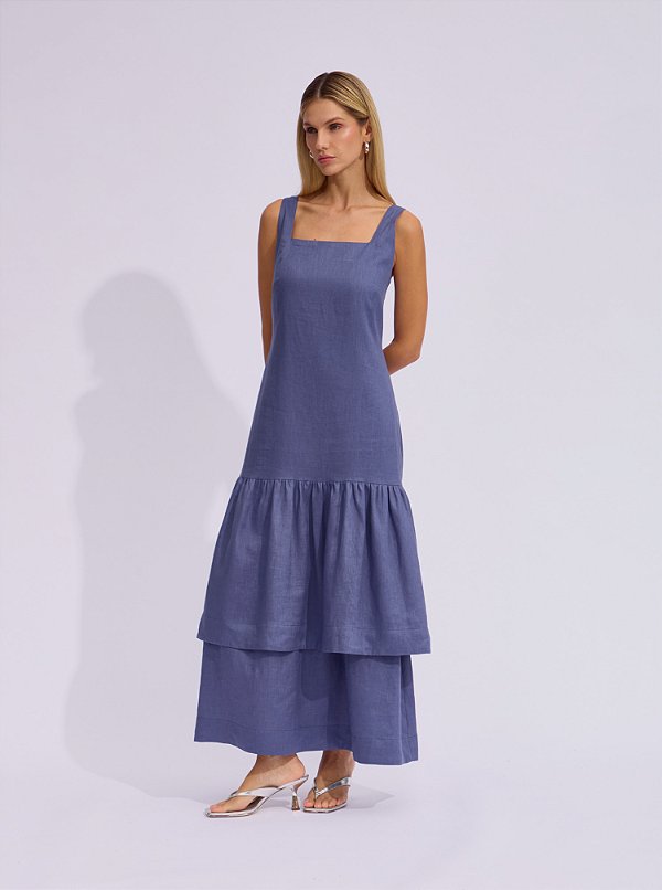 Vestido Luísa Longo Linho Puro Babados Azul