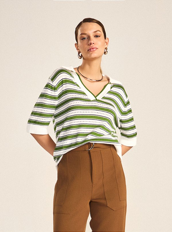 Blusa Polo Lorena de Tricot Listrada Branca e Verde