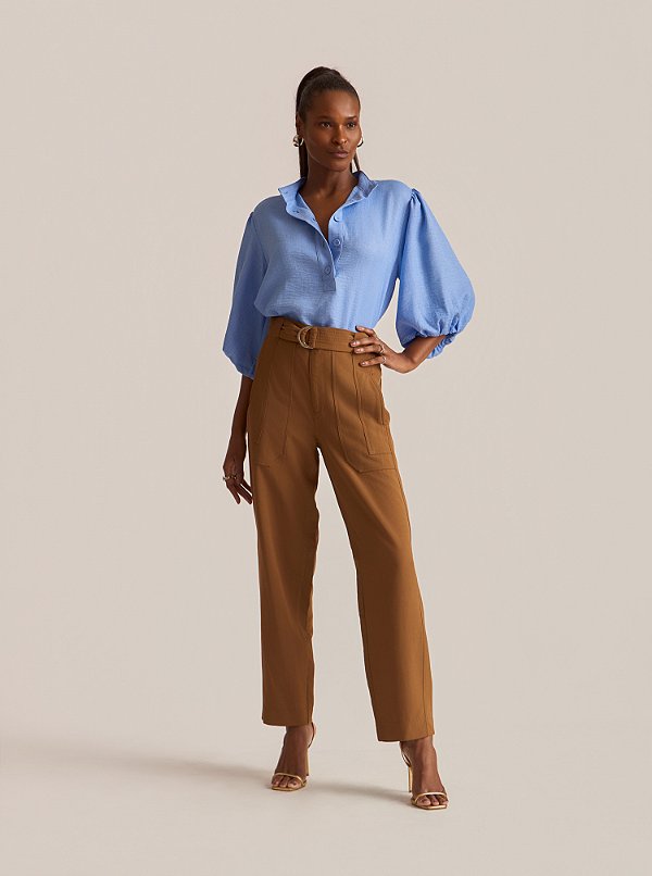 Calça Sirlene Alfaiataria Pesponto Marrom