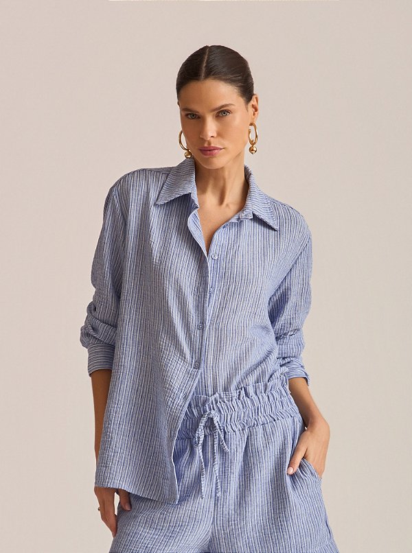 Camisa Sueli Fio Tinto Crinkle Listrada Azul e Off White