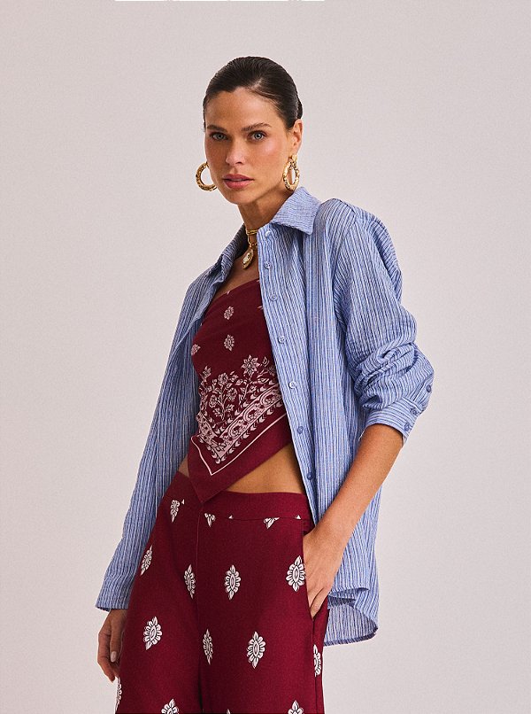 Camisa Sueli de Fio Tinto Crinckle Listrada Azul e Off White