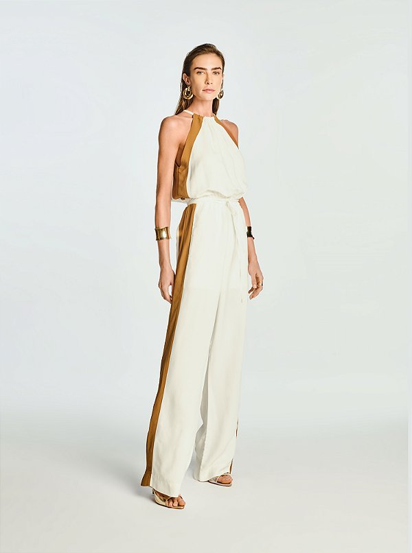 Macacão Fabia de Crepe com Viscose Contraste Off White e Marrom