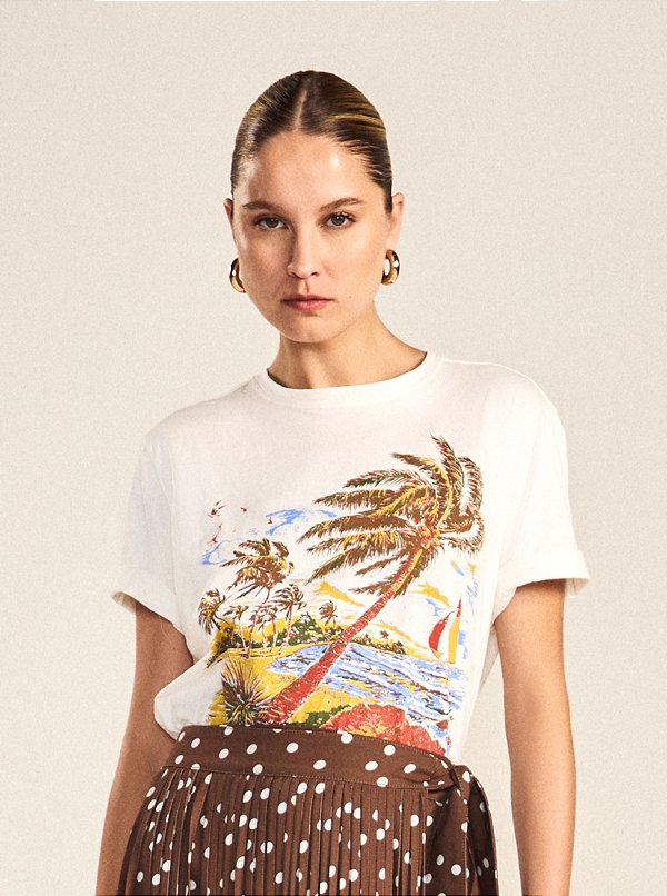 T-shirt Benalia de Malha Estampada Coqueiro Off White
