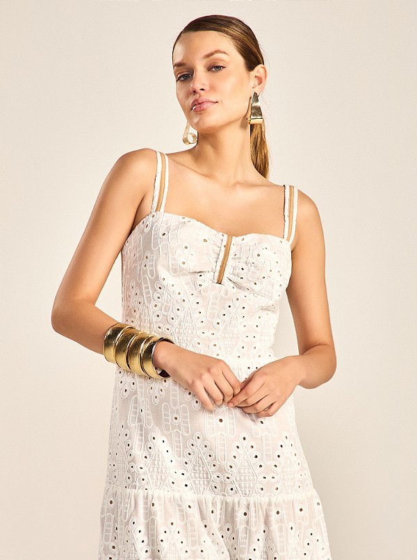 Vestido Longo Eduarda de Laise com Busto Franzido Off-White