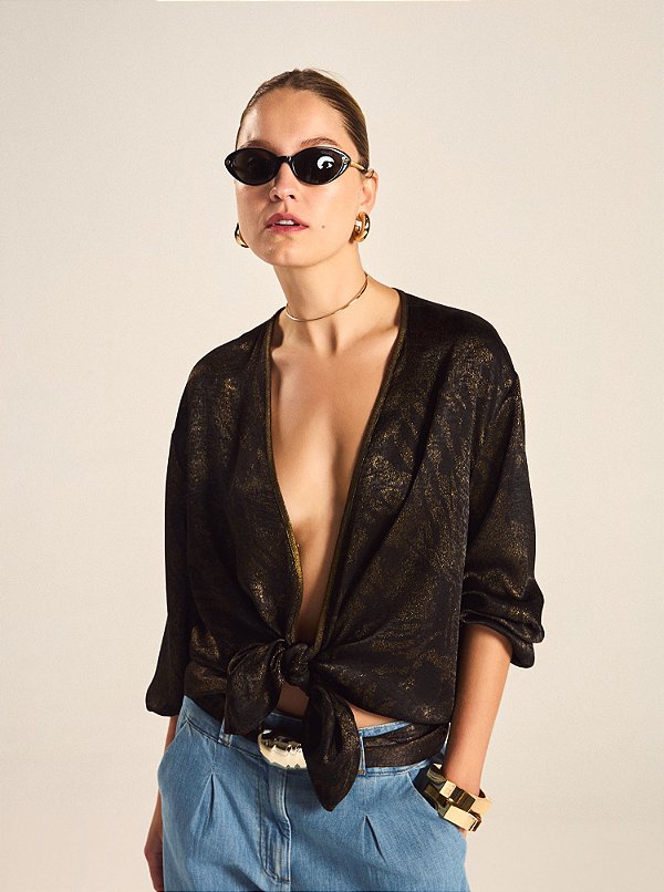 Blusa Kimono Maristela de Jacquard Preta e Dourada