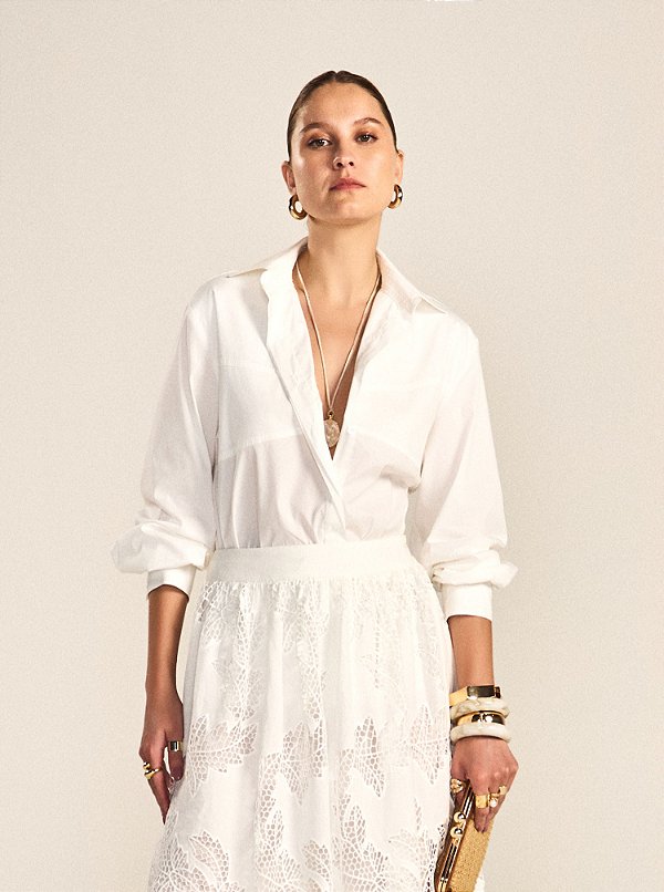 Camisa Beatriz de Tricoline com Elastano Manga Longa Off White