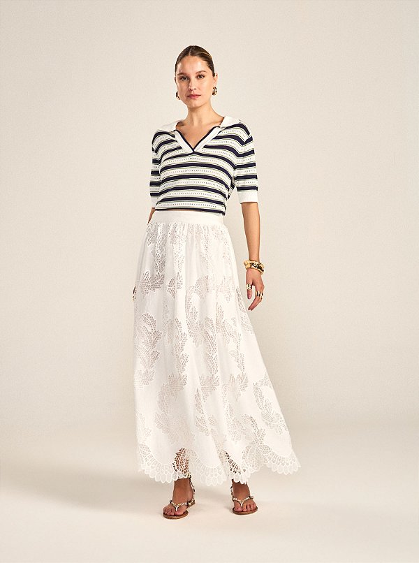 Saia Midi Lila de Renda Bordada Ampla Off White