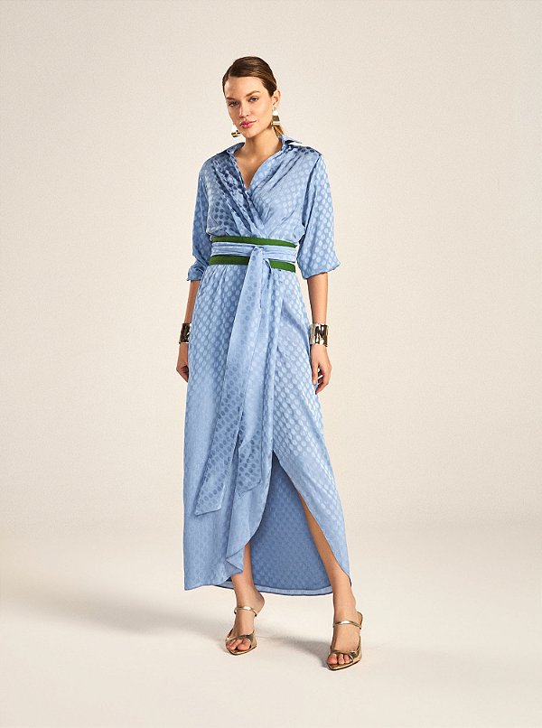Vestido Midi Lana de Jaquard Estampado Poá Azul Azul Azul Azul
