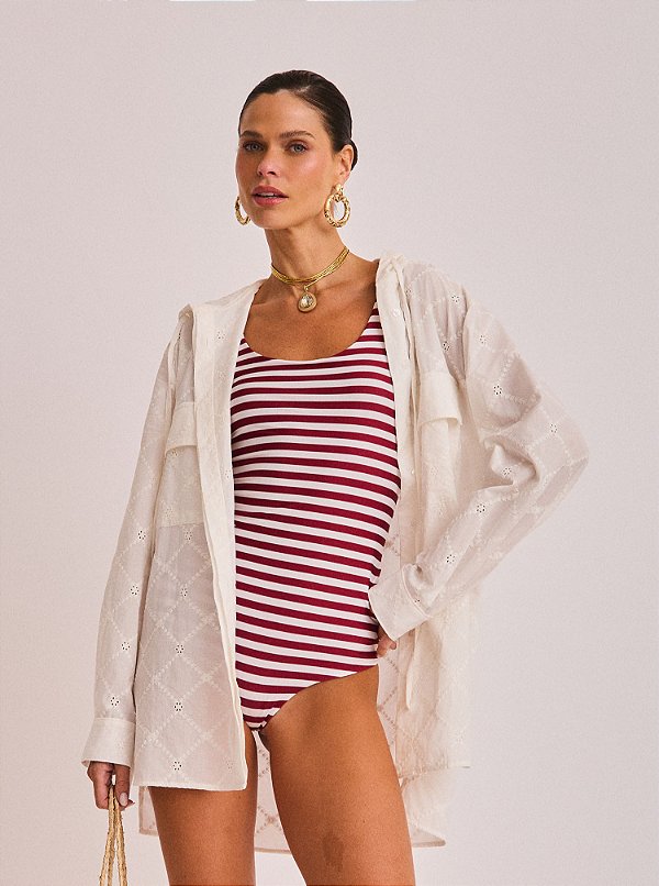 Blusa Bata Marcella de Voil Bordado com Capuz Off White