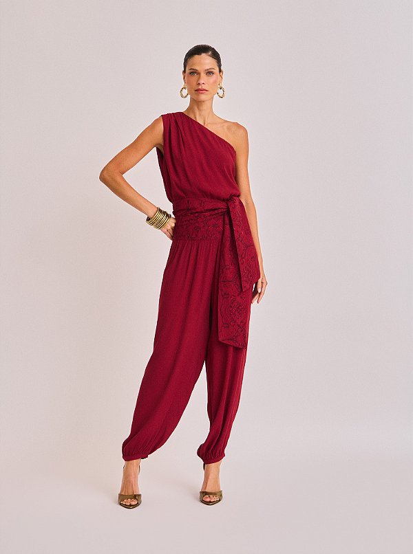 Macacão Longo Fatima de Crepe Bordado Vinho