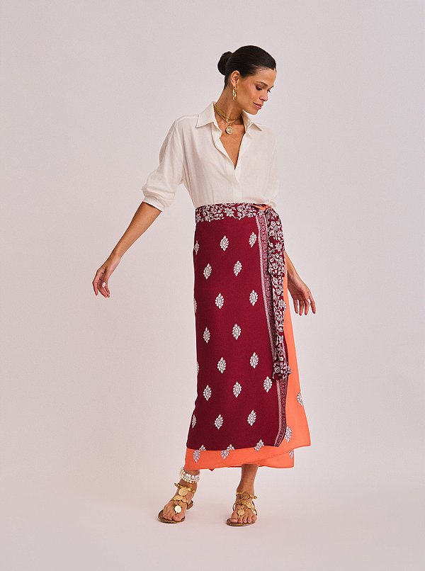 Saia Longa Ana Julia Estampada Vinho e Laranja