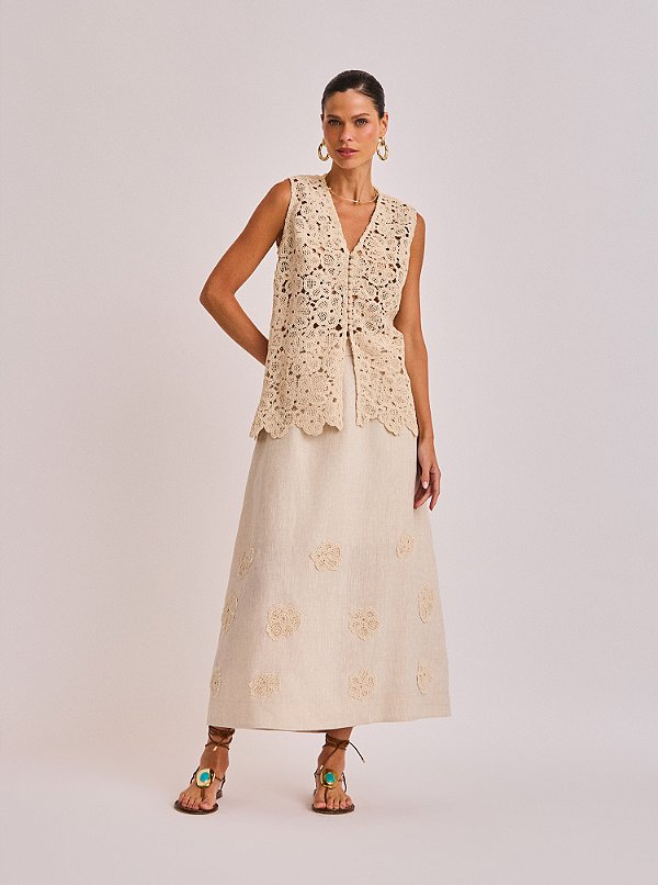 Saia Longa Kemily de Linho Puro Godê com Barrado Bege