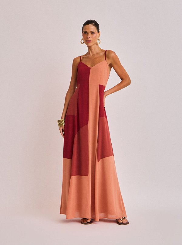 Vestido Longo Meire de Chiffon com Recorte Colorido