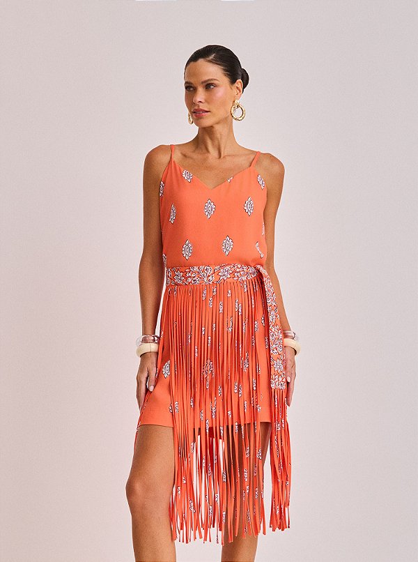 Vestido Curto Margo de Crepe em Alfaiataria Estampado Laranja
