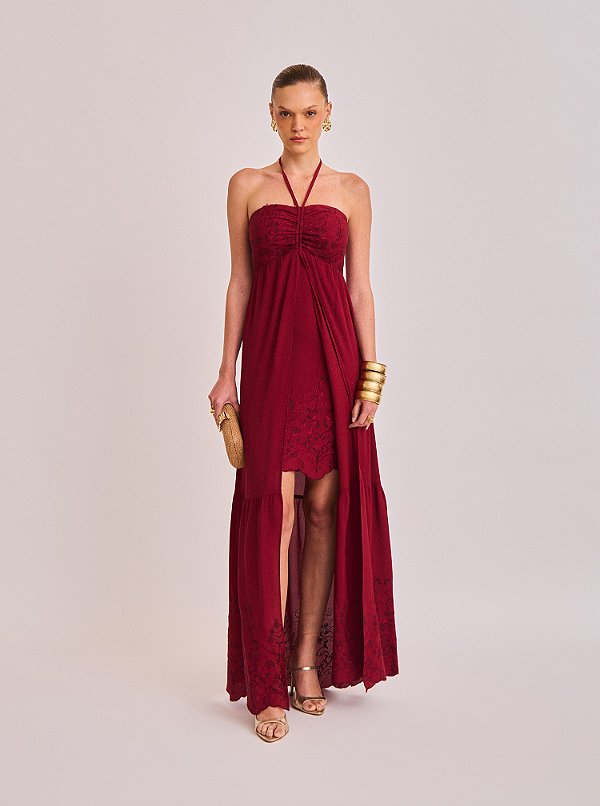 Vestido Longo Fernanda de Crepe Vinho