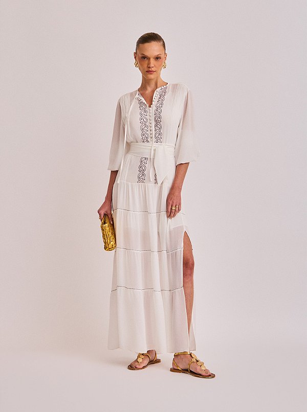 Vestido Midi Juliana com Recortes e Bordado Off White