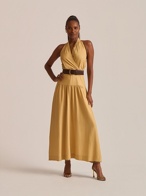 Vestido Midi Zoe Visco Linen Caramelo