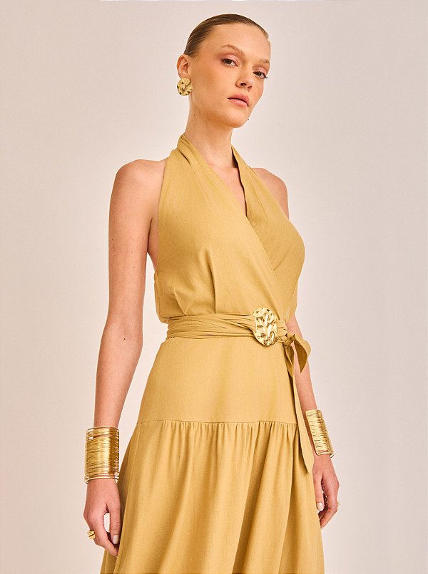 Vestido Midi Zoe Visco Linen Caramelo