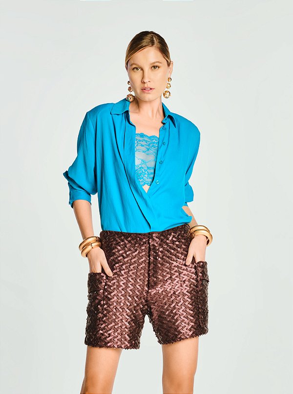 Bermuda Glow Paetê com Bolsos Marrom