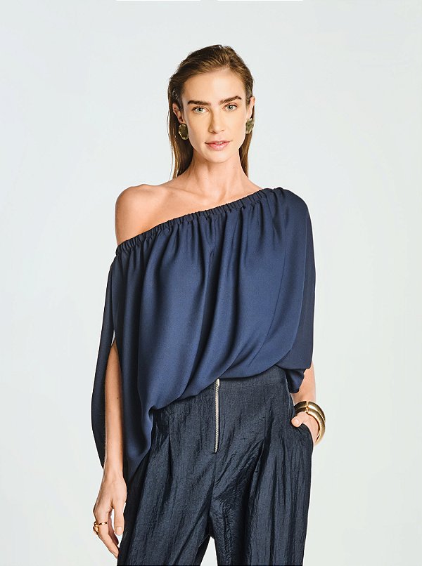 Blusa Saphire Musseline Manga Ampla Marinho