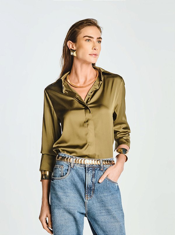 Camisa Solaris Acetinada Punho Largo Verde Oliva