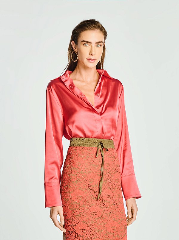 Camisa Solaris Acetinada Punho Largo Coral