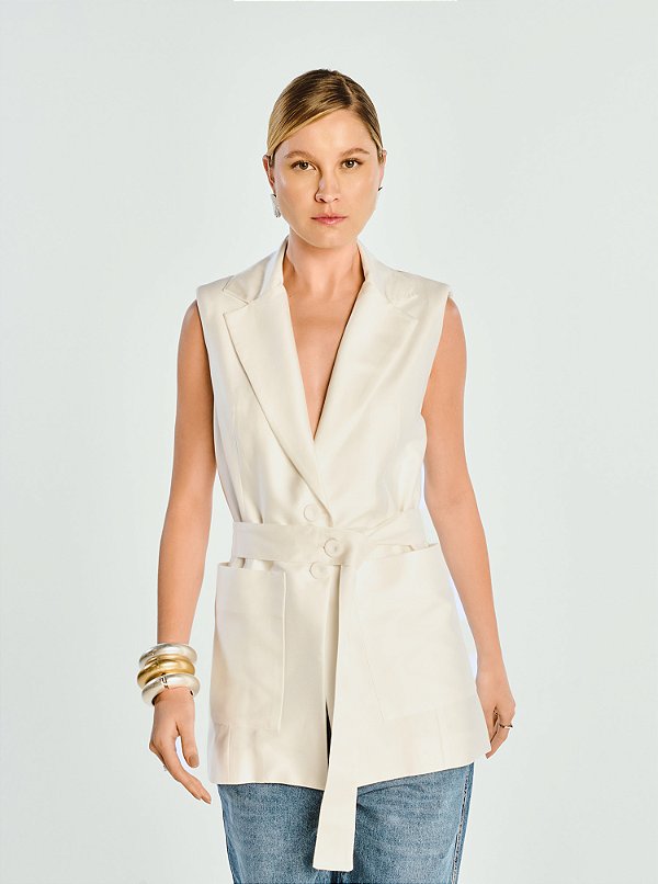 Colete Max Alba Alfaiataria Alongado com Ombreiras Off White
