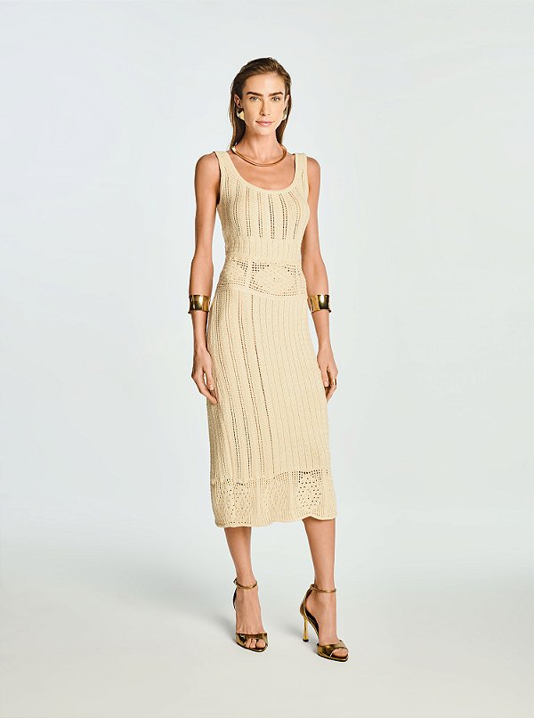 Vestido Midi Cosy Tricot com Forro Bege