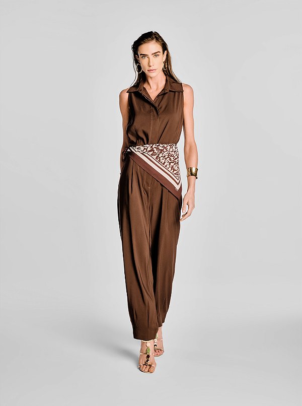 Lenço Savage Acetinado Estampado Marrom e Off White