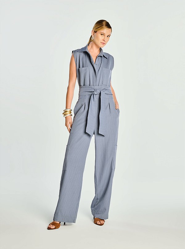 Macacão Slate Alfaiataria Risca de Giz Azul