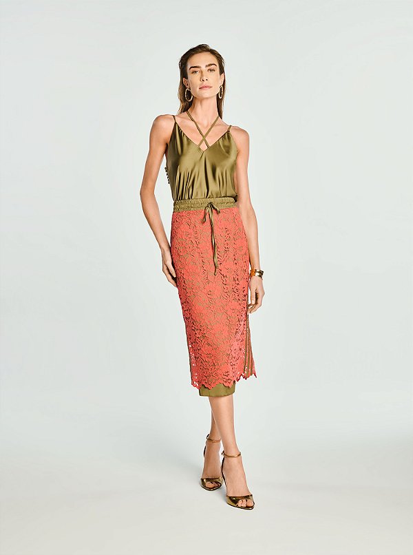 Saia Midi Paula Renda com Forro Coral e Verde Oliva
