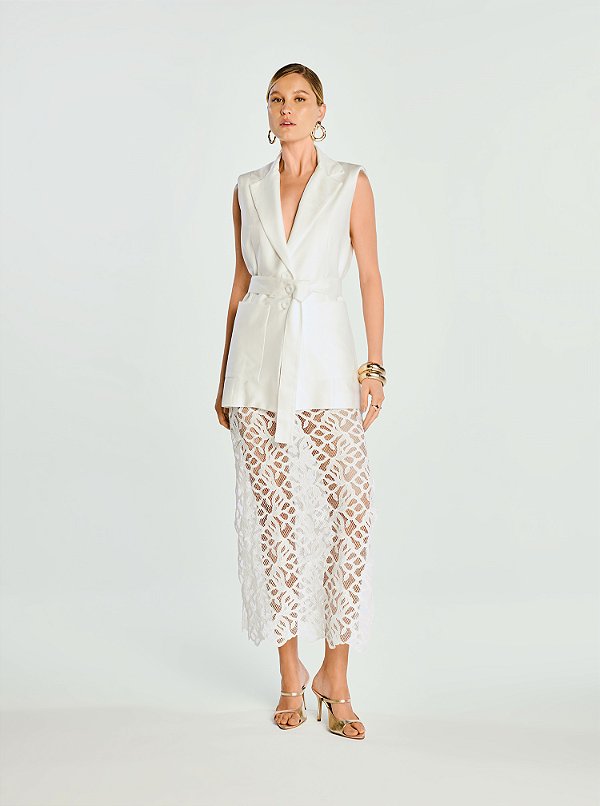 Saia Midi Grace Renda com Fendas Laterais Off White
