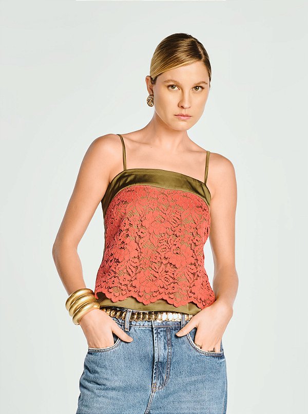 Top Infinity Renda com Forro Coral e Verde Oliva