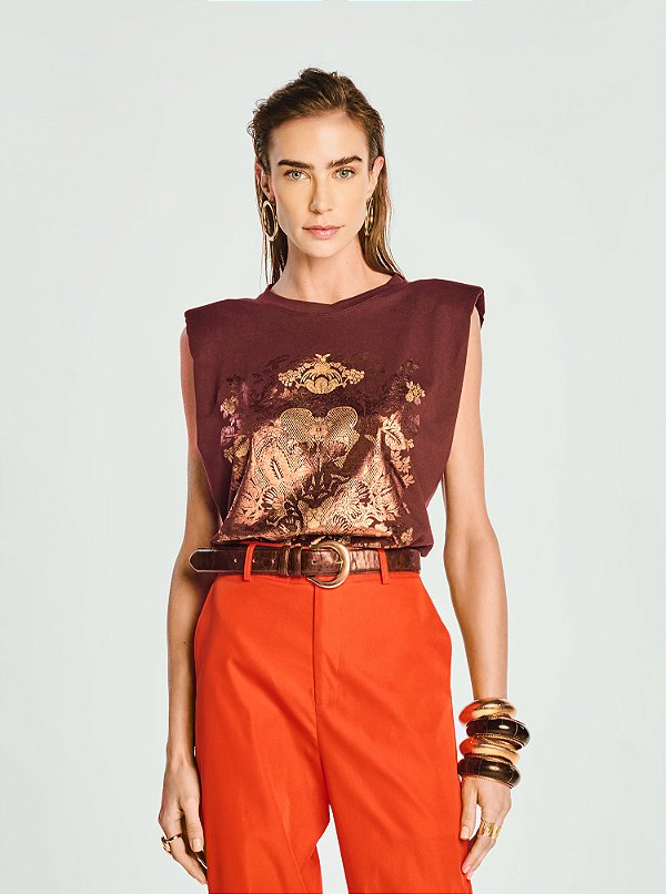 T-shirt Shine Malha Muscle com Ombreiras Estampada Marrom