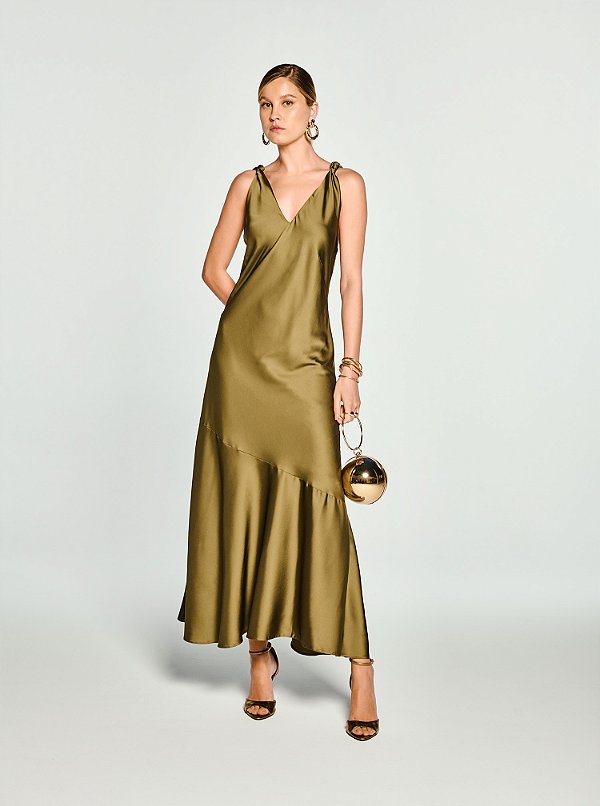 Vestido Longo Maysa Acetinado Fluido Verde Oliva