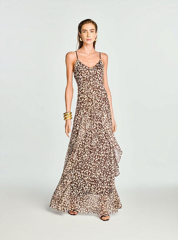 Vestido Longo Moka Tule Estampado Marrom e Off White