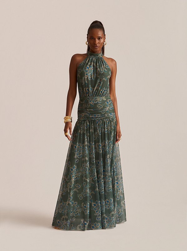 Vestido Longo Intense Tule Gola Alta Estampado Verde