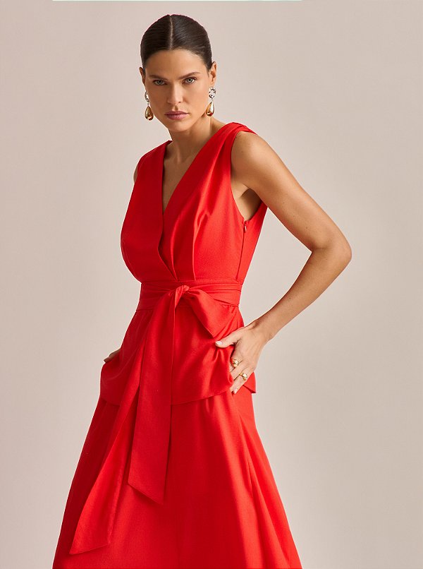 Conjunto Blusa e Saia Midi Flow Linho Godê Vermelho