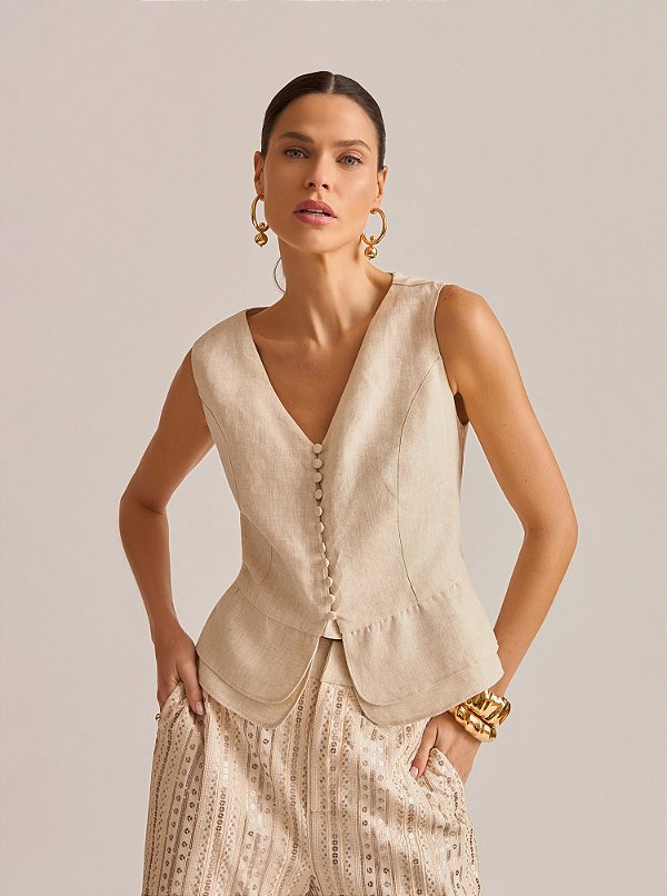 Colete Still Linho Babados Bege