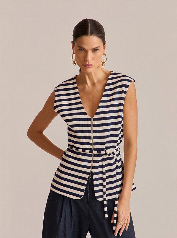 Colete Balance Cinto Fino Listrado Marinho e Off White