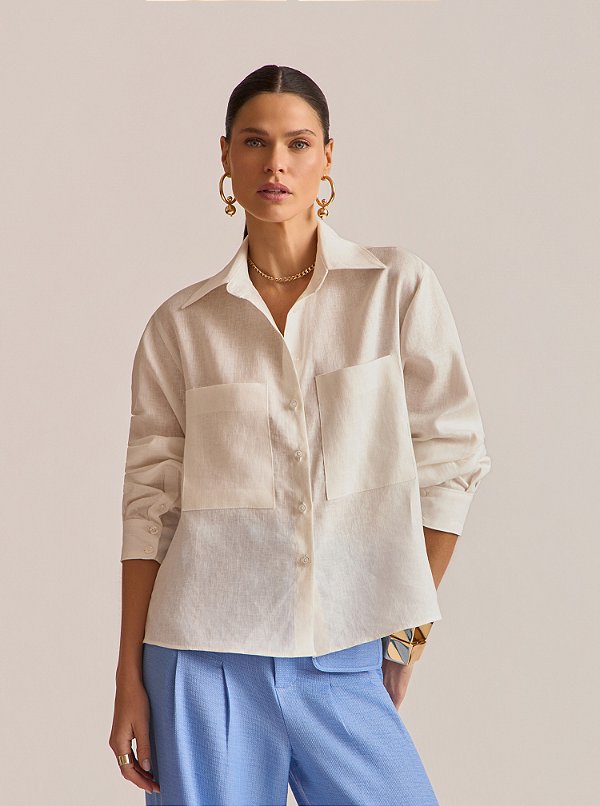 Camisa Linen Linho Bolsos Off White