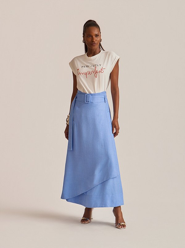 Saia Midi Texture Godê Cinto Fivela Azul