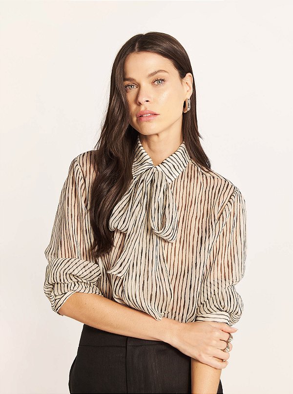 Camisa Sheer Listrada Off White e Preta