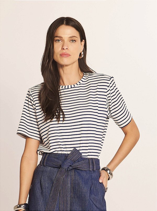 T-shirt Stripes Malha Listrada Marinho e Off White
