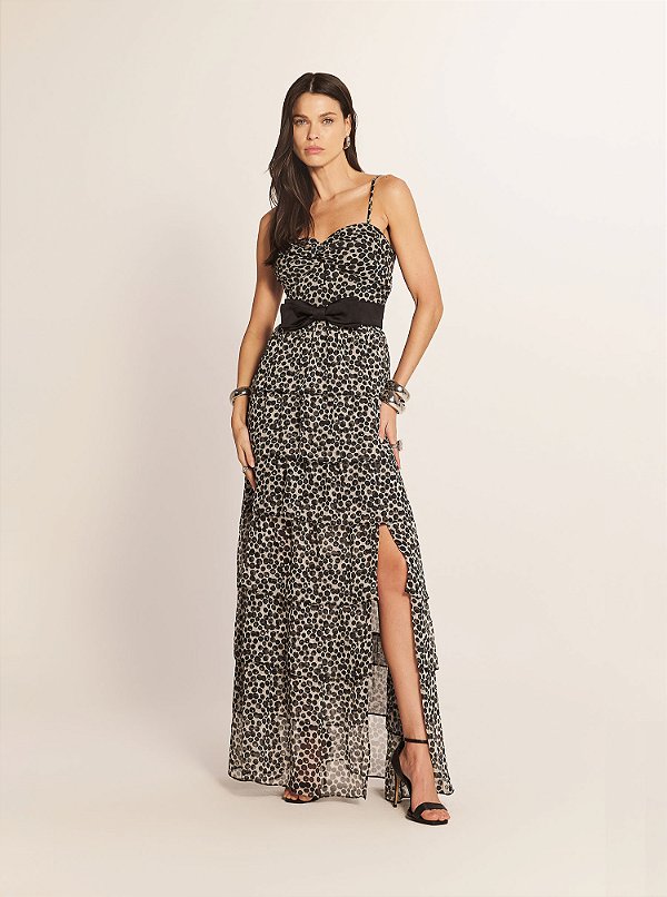 Vestido Longo Dots Babados Estampa Poá Preto e Off White