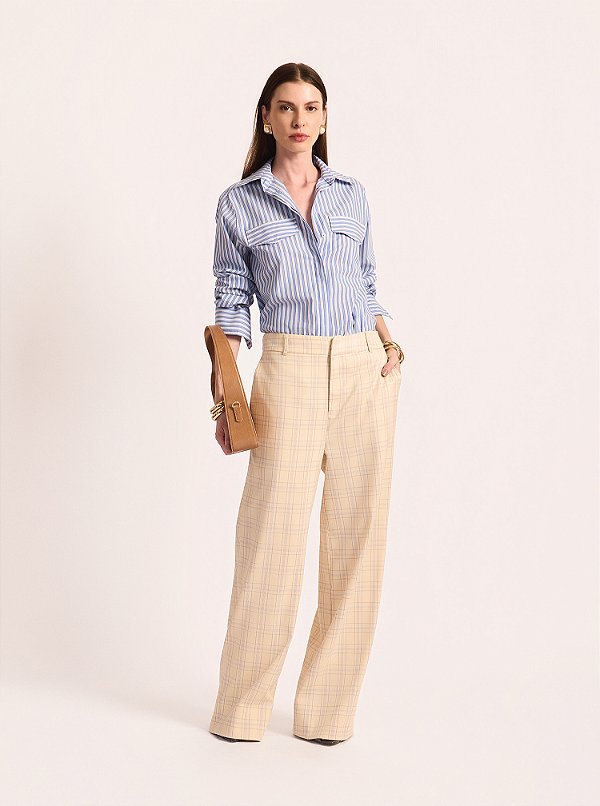 Calça Check Reta Alfaiataria Sarja Xadrez